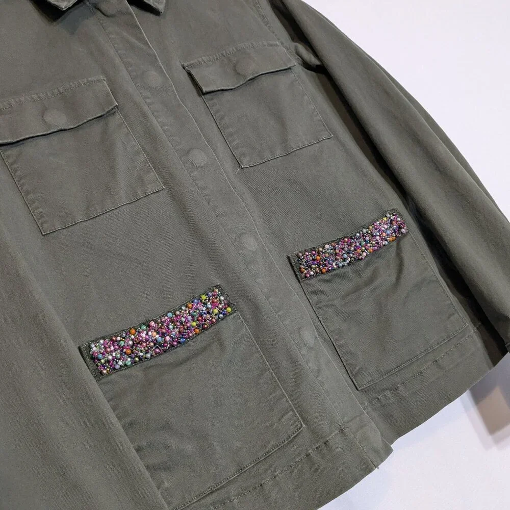 A NEW DAY Olive Army Green Casual Cotton Long Sleeve Snap Bling Jacket; Size M